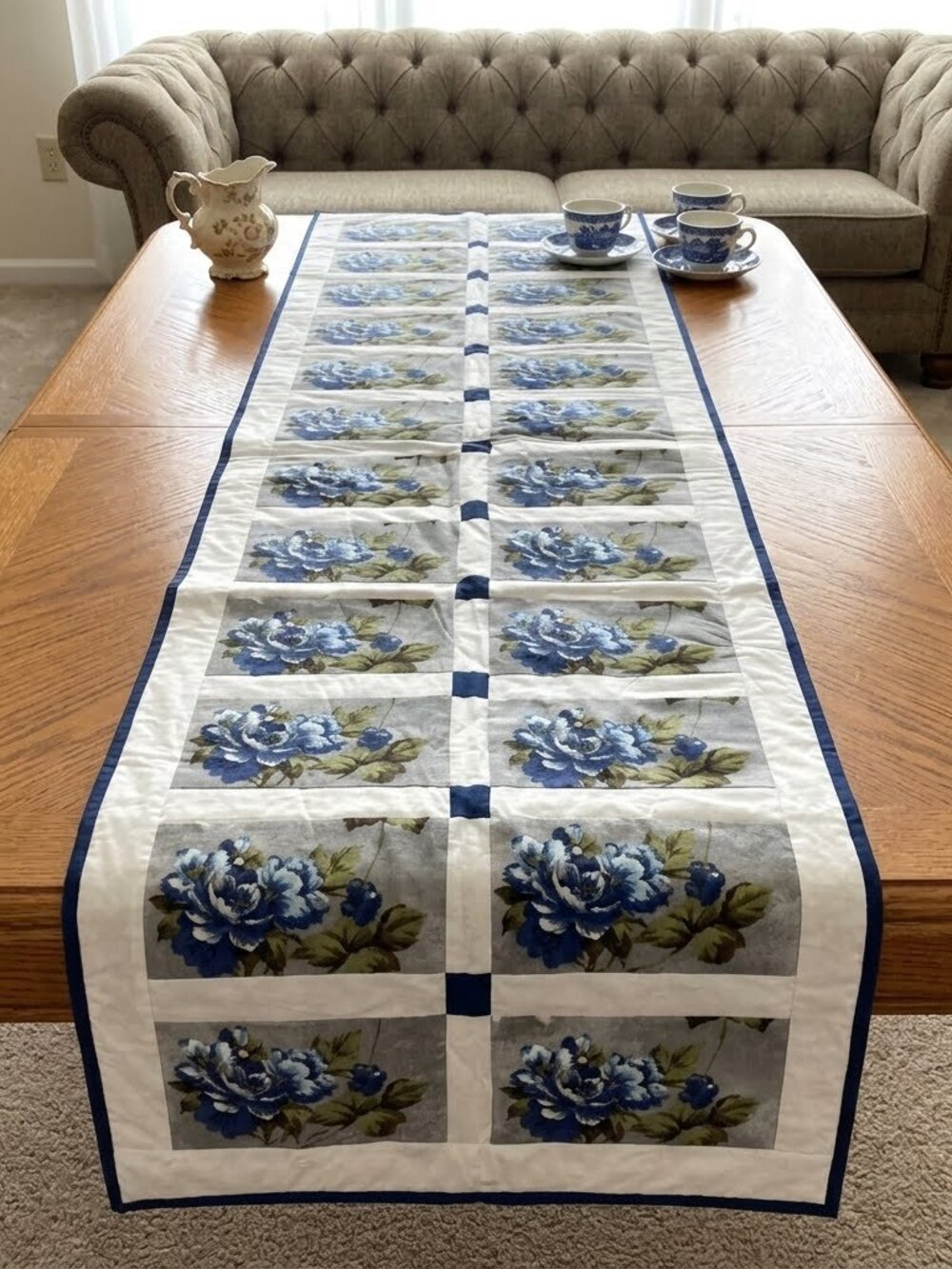 Handmade Quilted Reversable Table Runner Linens Home Decor Blue Floral